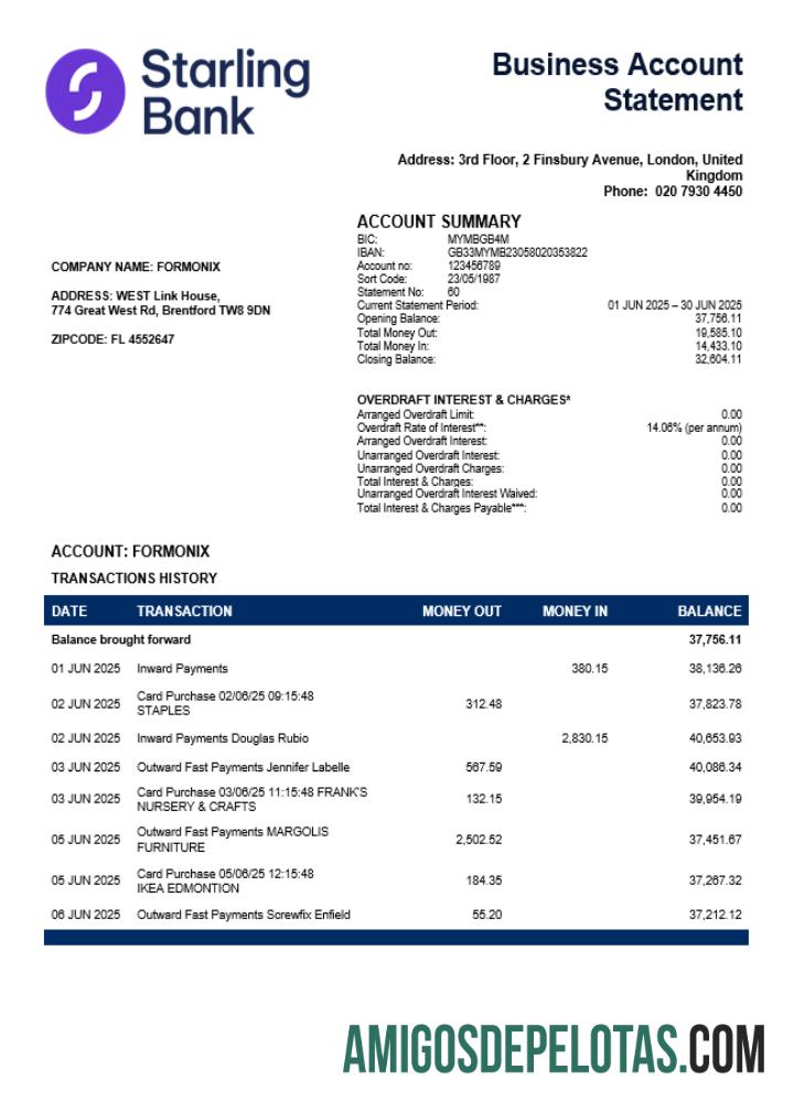 Imprimível Reino Unido Starling Enterprise Statement Word And PDF model